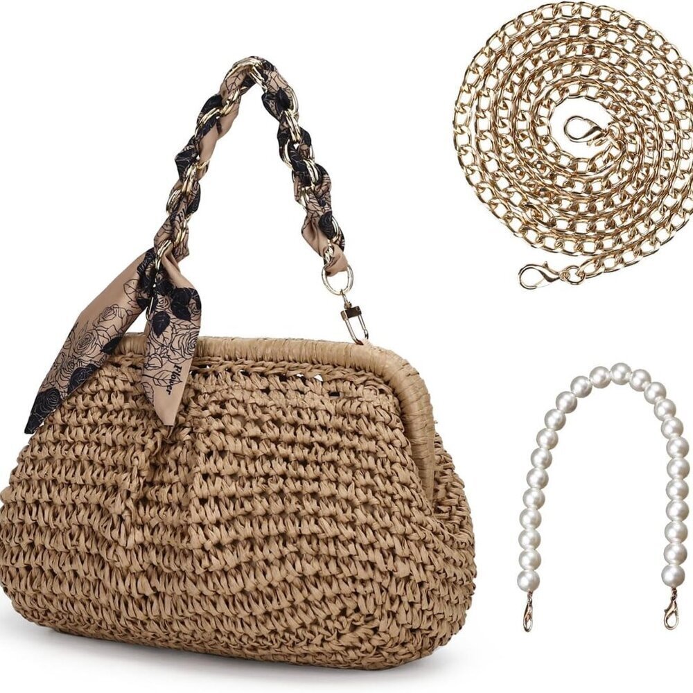 Brown Straw Clutch Purse with Pearl Chain for Women - Summer Beach Woven Crossbo